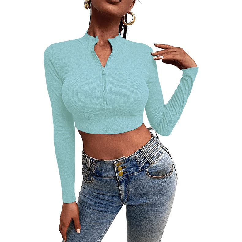 Women Solid Color Knitted Zipper Slim Long Sleeve T-Shirt For Women