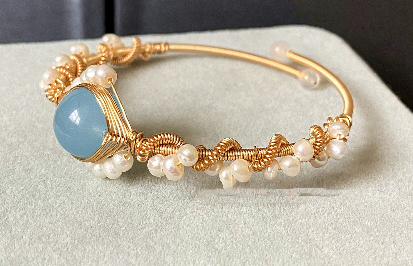 14K Gold Wrapped Handmade Bracelet - Sapphire Natural White Pearl Bracelet