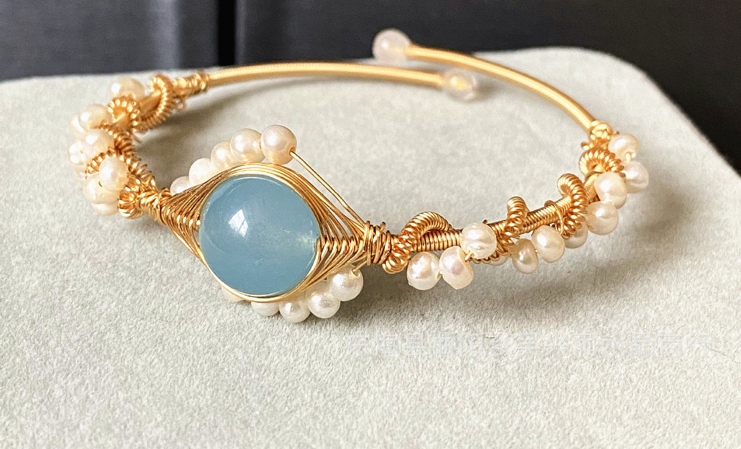 14K Gold Wrapped Handmade Bracelet - Sapphire Natural White Pearl Bracelet