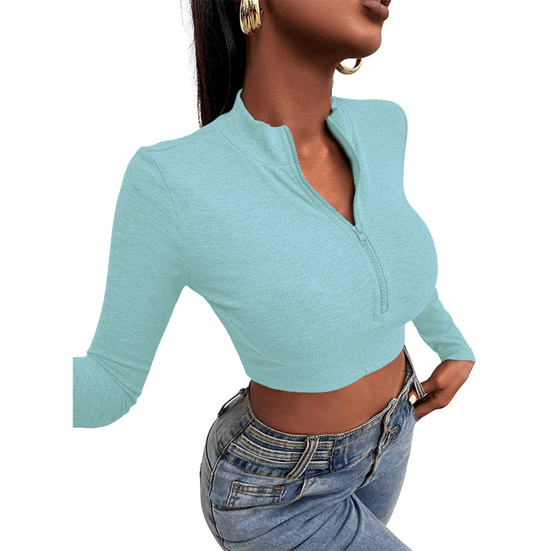 Women Solid Color Knitted Zipper Slim Long Sleeve T-Shirt For Women