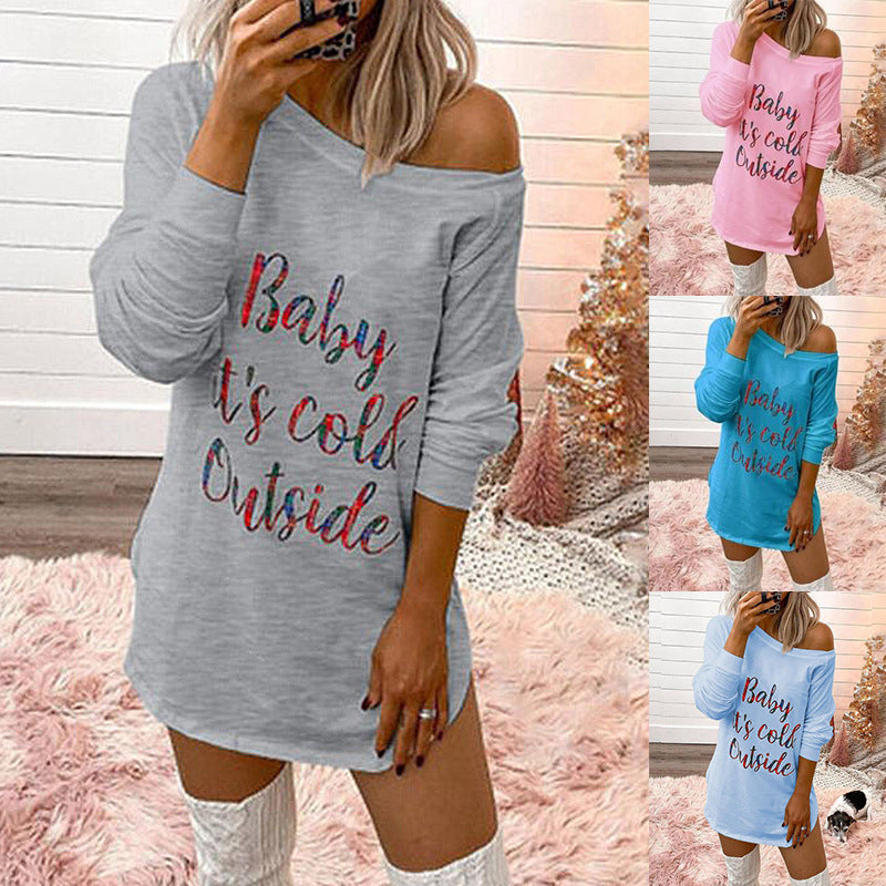 Letter Print Long Sleeve Round Neck Ladies T-Shirt