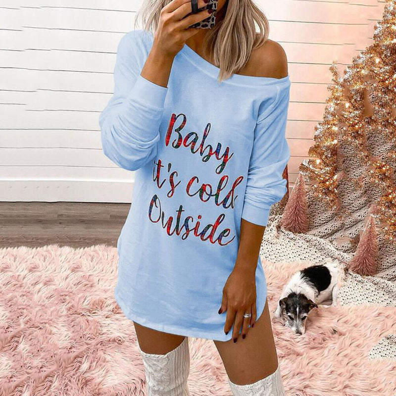 Letter Print Long Sleeve Round Neck Ladies T-Shirt