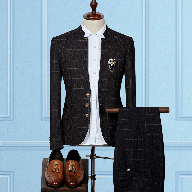 Business Men's Stand-up Collar Suit  / Two-piece Korean Style Sportsman Slim Suit