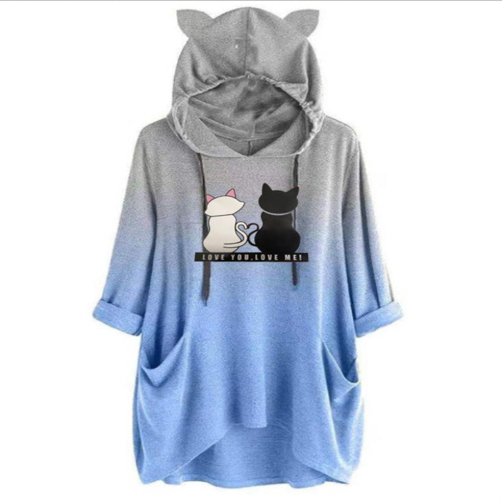 Color-changing Double Cat Print Women's Hooded Sweater