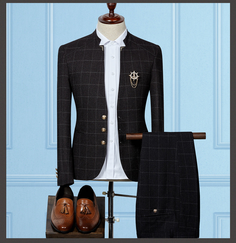 Business Men's Stand-up Collar Suit  / Two-piece Korean Style Sportsman Slim Suit