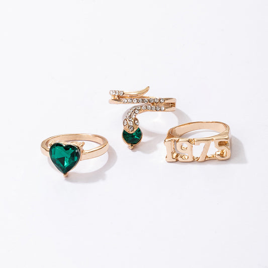 Emerald Heart Diamond 1975 3 Piece Set Snake Ring