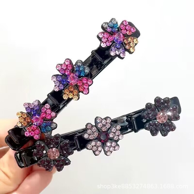 Pretty Braided Hair Clips -Sparkling Crystal Flowers