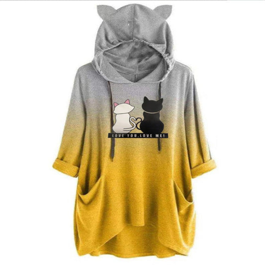 Color-changing Double Cat Print Women's Hooded Sweater