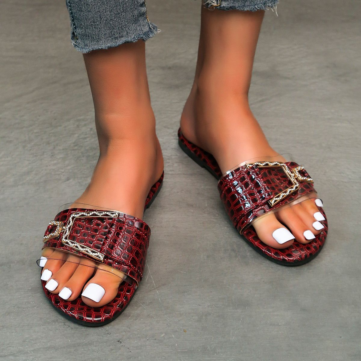 Snake Pattern Slippers Buckle Transparent Sandals Women Beach Shoes