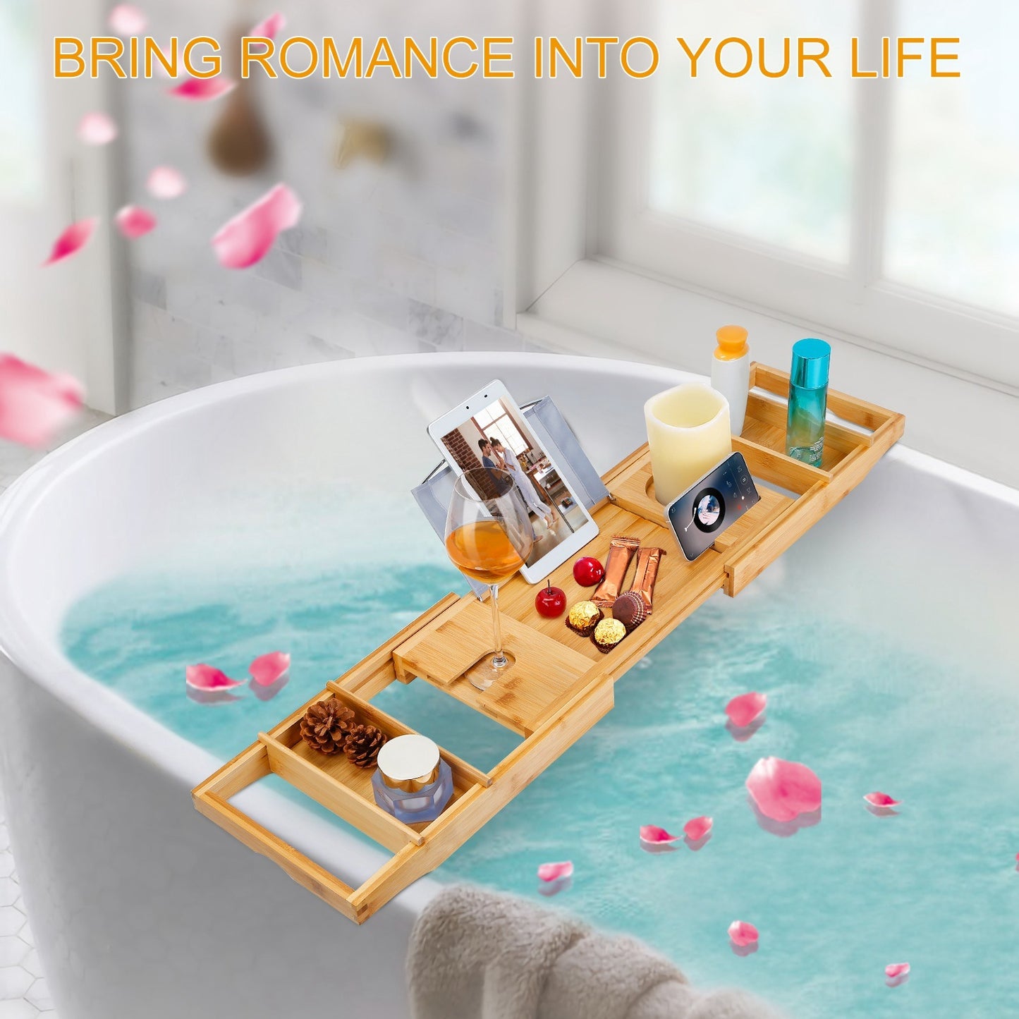 Relaxing Your Way Gift! Bathtub Caddy Tray Crafted Bamboo Bath Tray  - Table Extendable Reading Rack Tablet Phone Holder
