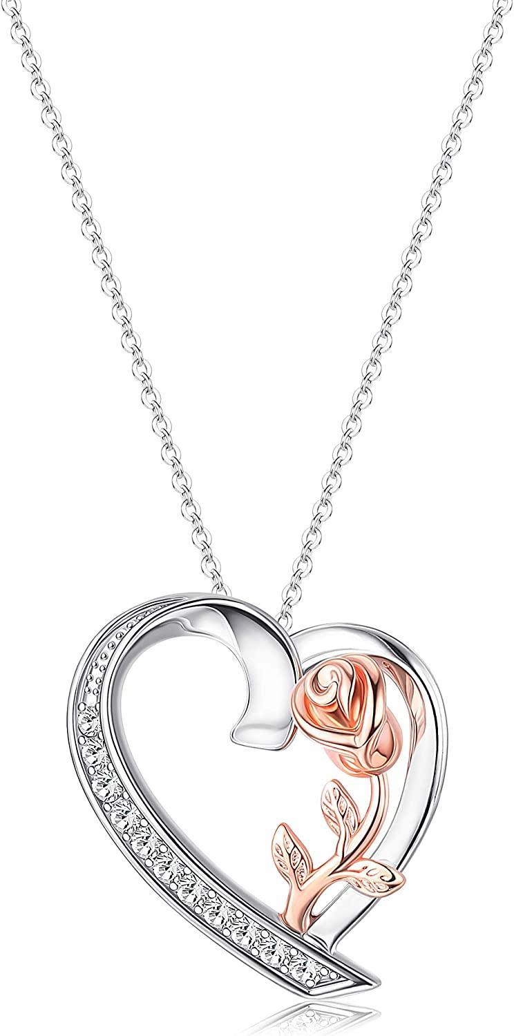Sterling Silver Rose Heart Pendant Necklace for Women - 18K Gold Plated Flower - Love Pendant Crystals