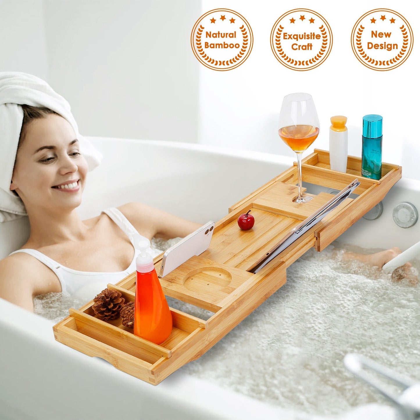Relaxing Your Way Gift! Bathtub Caddy Tray Crafted Bamboo Bath Tray  - Table Extendable Reading Rack Tablet Phone Holder